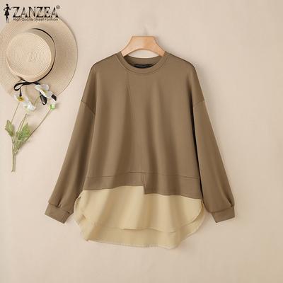 Women Casual Round Neck Long Sleeve Loose Splice Blouse