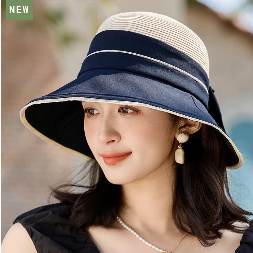 Women's Luxury Fine Paper Straw Fisherman Hat Breathable Patchwork Wide Brim Sun Protection Elegant Outdoor Sun Visor for Ladies