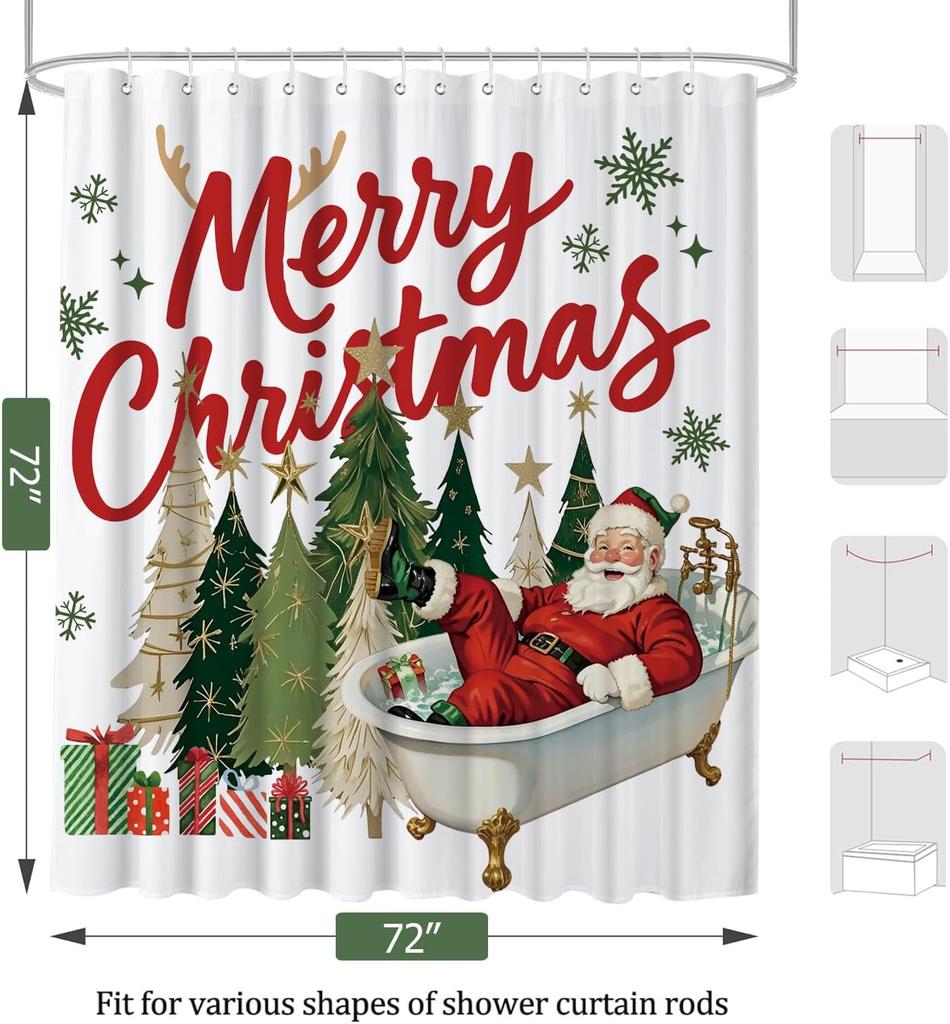 Merry Christmas Shower Curtain with Snowflake Tree Pattern, Waterproof Winter Holiday Bathroom Decor, Durable Washable Fabric