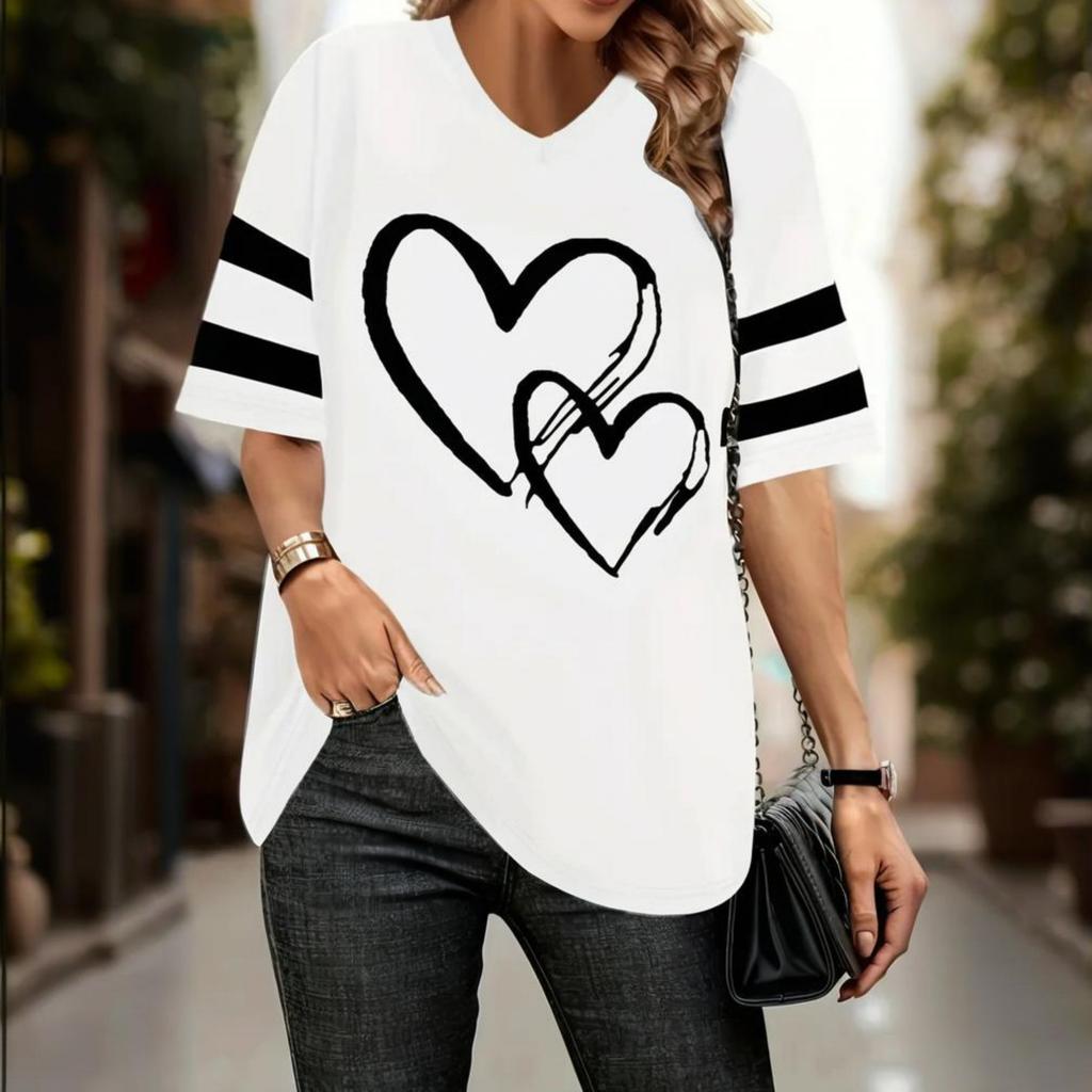 Summer Heart-Shaped 3D Print T-shirt Women Streetwear Casual T Shirts Y2k Tops Woman Harajuku V-Neck Tees Oversized Clothing