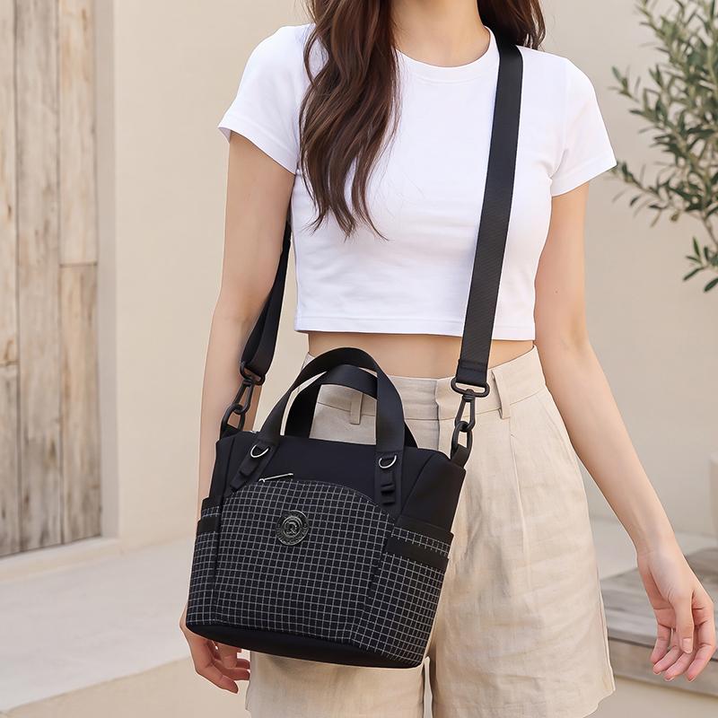 Colorblock Nylon Mini Tote Bag with Grid Pattern Front Pocket Crossbody Casual Small Shoulder Purse for Daily