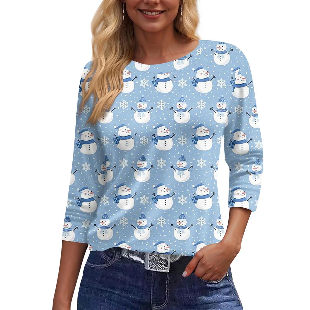 Women's Fashion Casual Round Neck 3/4 Sleeve Loose  Printed T-Shirt Ladies Top