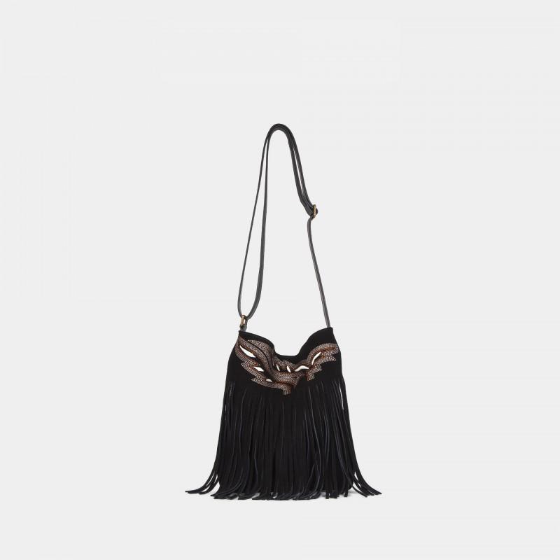 

Hippie Tassel Embroidery Process Matte Cowhide Adjustable Diagonal Bag 19x6x24cm чёрный