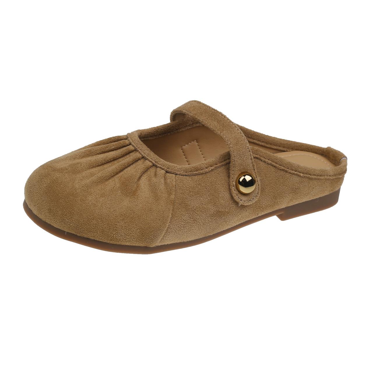 

2025 spring new soft bottom small fragrant wind word with Velcro Mary Jane half slippers women s pleated bag head slippers 40 хаки