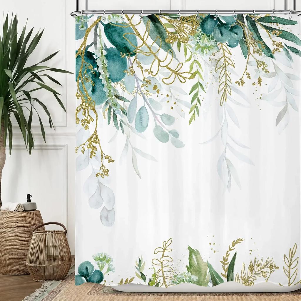 Green Hawaii Tropical Shower Curtain Green Gold Tropical Leaves Plant Fabric Bathroom Curtain Botanical Jungle Bath Curtain Set