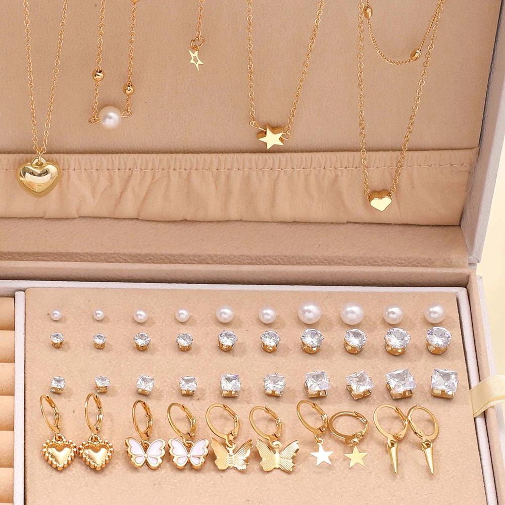 84 Pcs/Pcs Vintage Elegance Imitation Pearl Zircon Butterfly Pendant Earrings Ring Necklace For Women Daily Wear Jewelry 2024