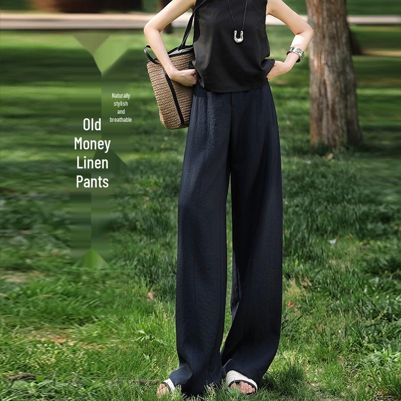 Women s Tencel Linen High Waist Wide Leg Pants - Summer 2026, Old Money Style, Relaxed Casual Loose Fit Large темно-синий