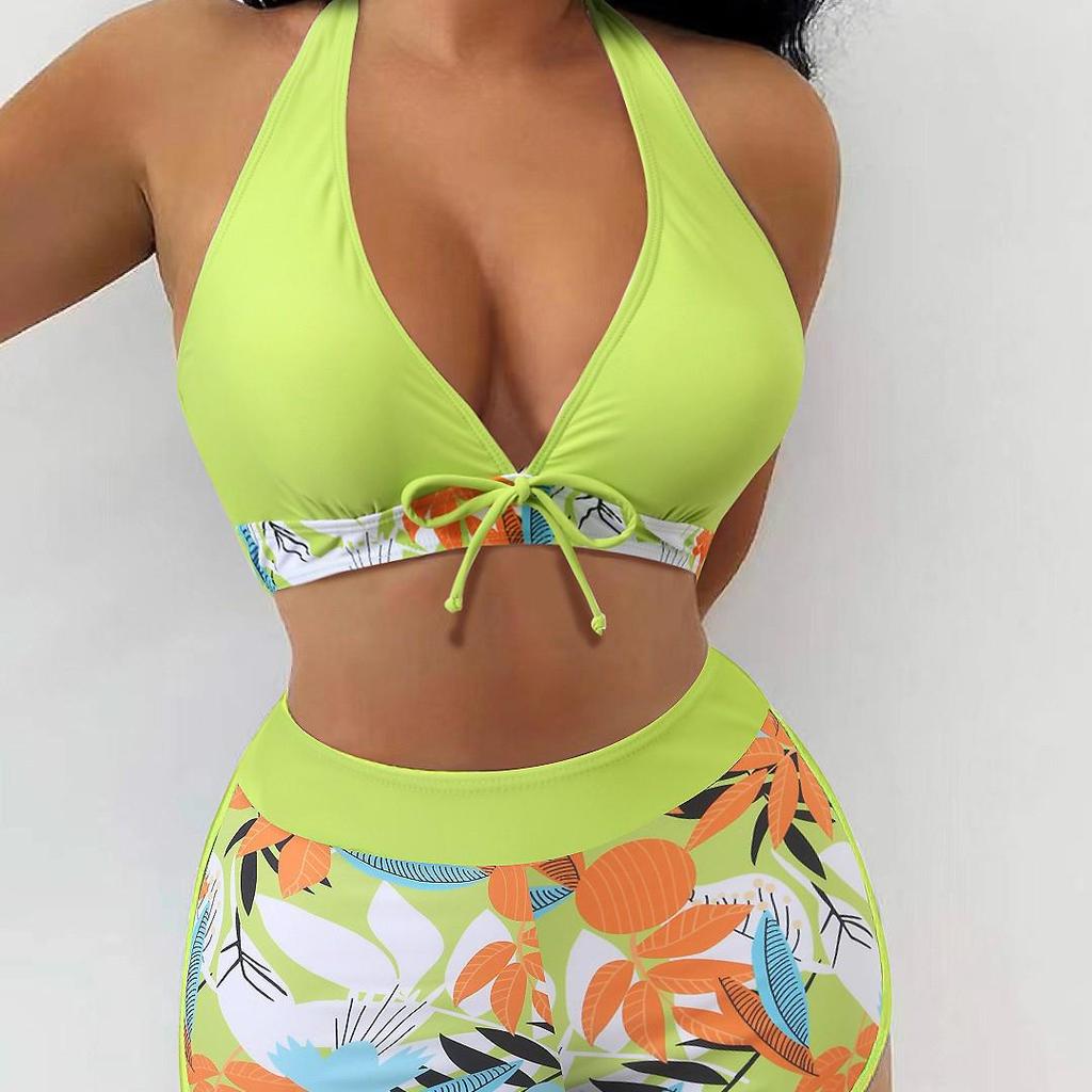 Maillot de bain bikini fendu à imprimé multicolore pour femme avec cordon de serrage et coupe plate sur les jambes