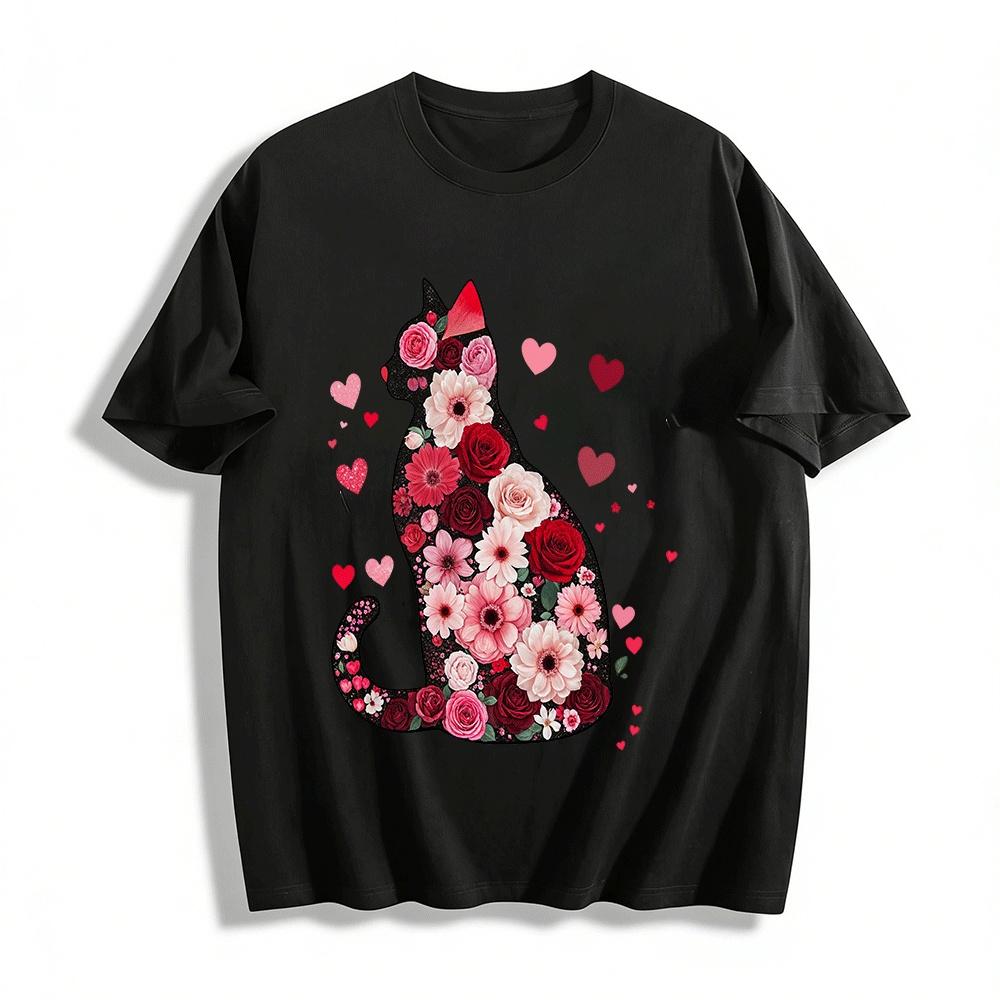Floral Cat Print Casual Crew Neck Top Pure cotton T-shirt XXS