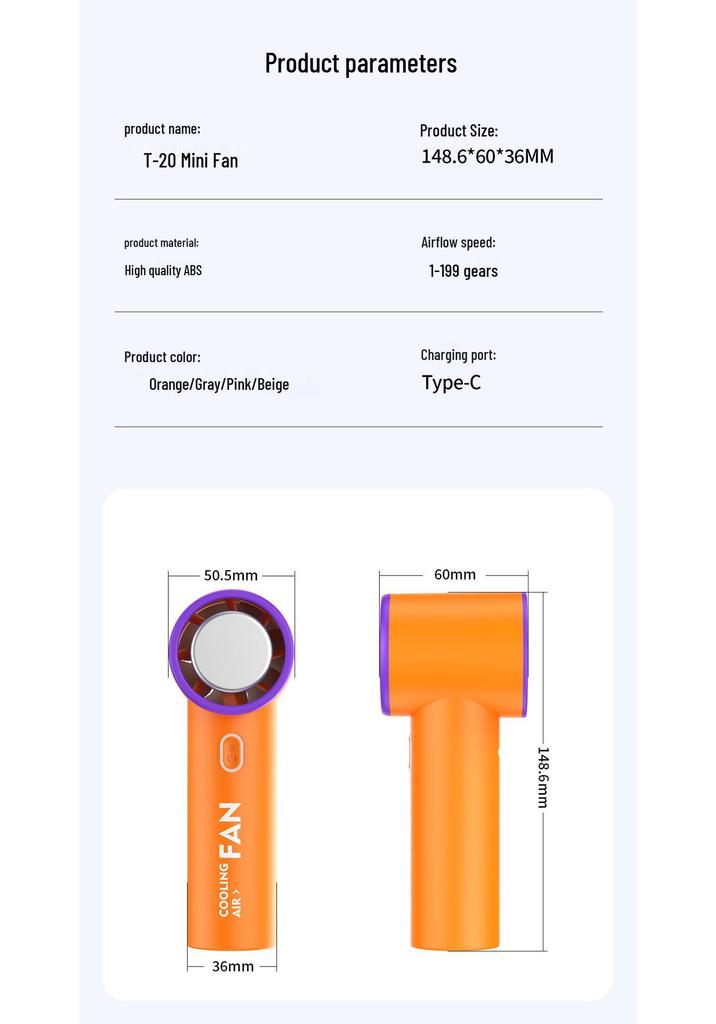 T20 Compact Handheld Fan: High-Speed, Long Battery, USB Rechargeable for Outdoor Cooling