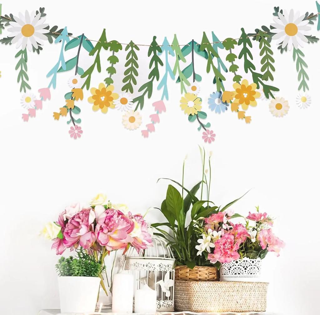 New Ins Style Floral Window Hanging Decor For Kids Room Double Sided Flower Banner Childrens Day Birthday Party Decoration