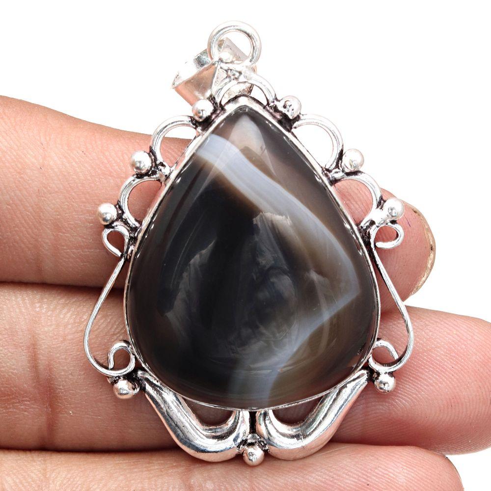 Anhänger Grauer Botswana-Achat Edelstein Muttertagsgeschenk Silberschmuck 2,25"