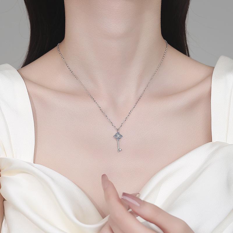 S925 Sterling Silver Key Pendant Necklace with Moissanite: Elegant, Simple, Trendy Everyday Jewelry for Women