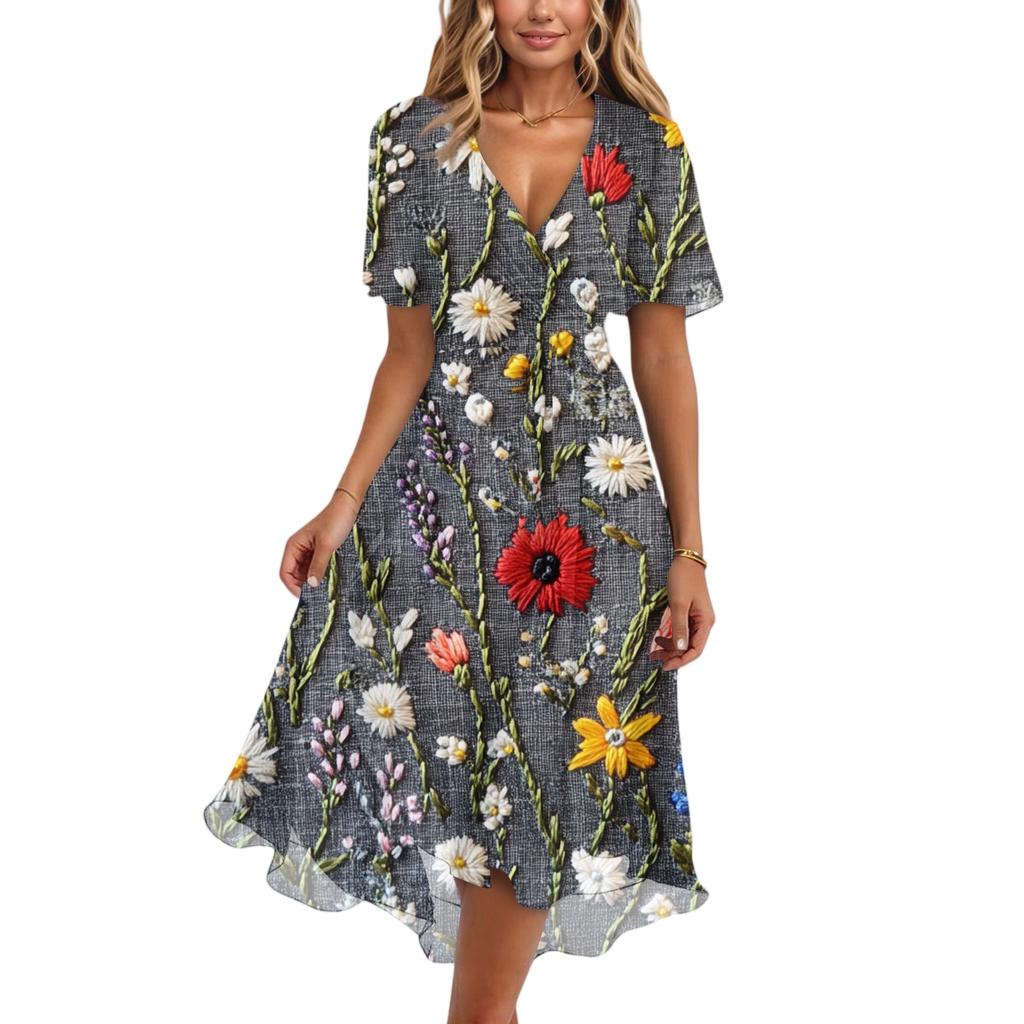 Rochii de damă la modă, casual, cu gât în V, mânecă scurtă, cu volane, vintage, cu imprimeuri