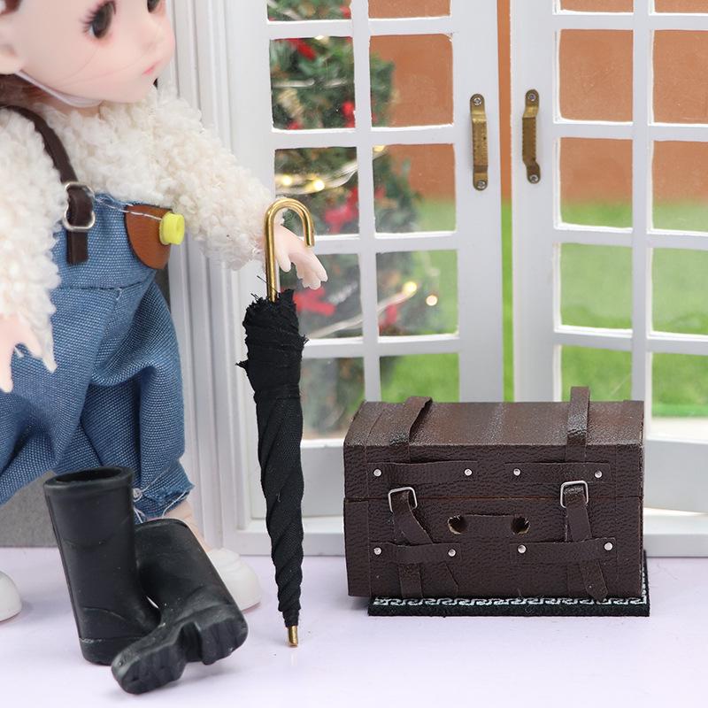 1:12 Dollhouse Retro Brown Leather-Look Wooden Luggage Accessory