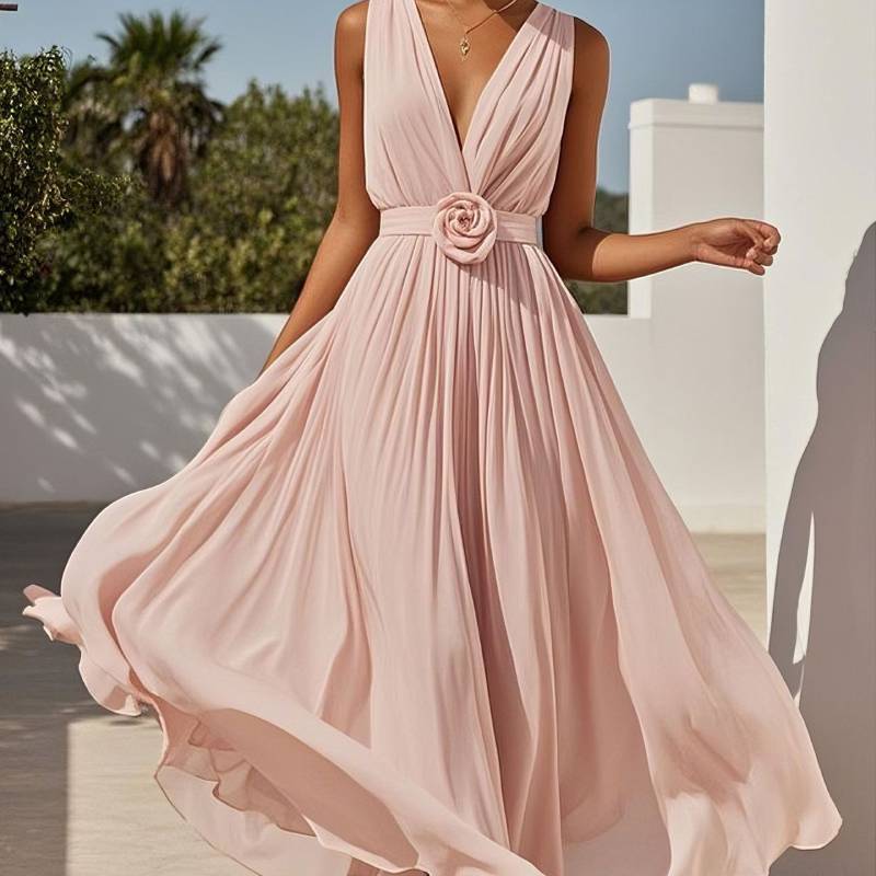 Elegant Chiffon Evening Dress With Deep V Neck For Wedding And Formal Events