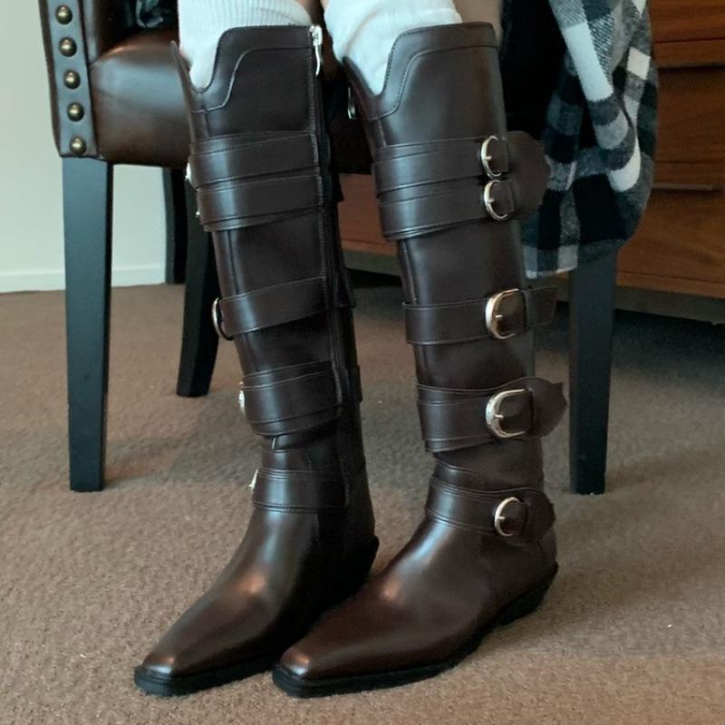 Cowhide version~ Brown boots Femininity pointed V-mouth thin belt buckle but knee high thick heel knight boots