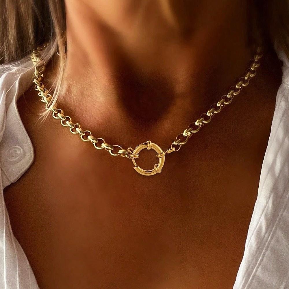 Simple Minimalist Choker Necklace Stainless Steel Collarbone Chain Circular Pendant Necklace Gift