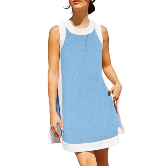 Two Piece Set for Women Summer Boho Color Block Outfits Sleeveless Crewneck Side Slit Mini Dress Casual Lounge Short Sets