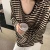 Women Casual Loose Striped V Neck Long Sleeve Thin T Shirt Top