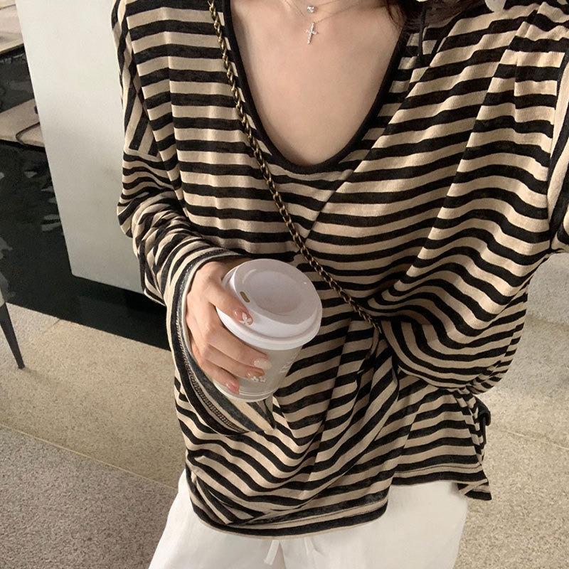 Women Casual Loose Striped V Neck Long Sleeve Thin T Shirt Top