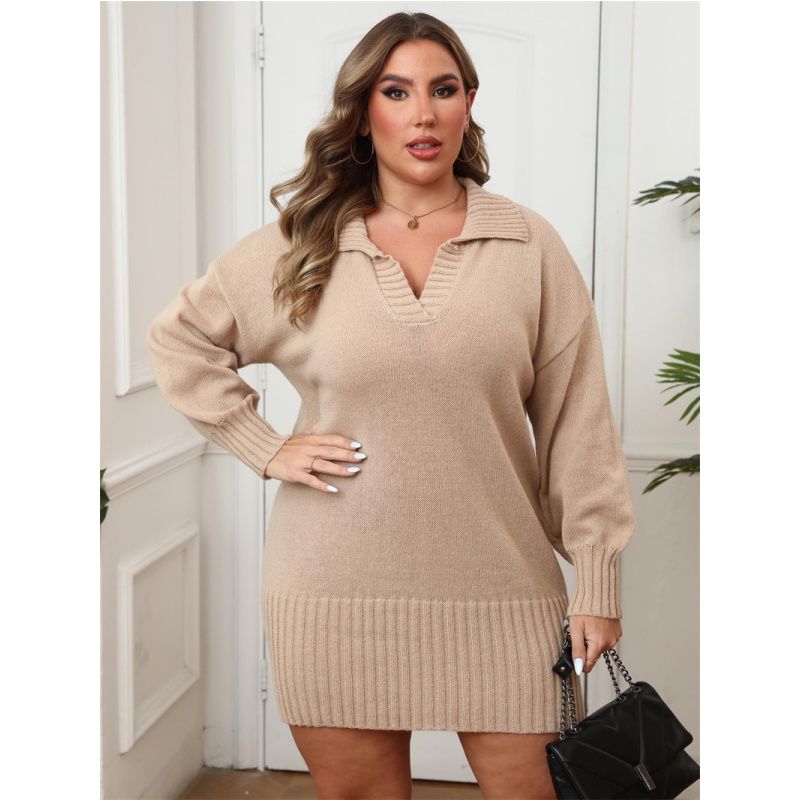 

L-3XL Женское платье-свитер Дамская юбка Осень и Зима Большой размер Платье-футляр Вязаное платье-свитер Khaki 3XL