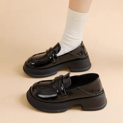 Goldener Klassischer Schwarzer Loafer für Damen Runde Zehenpartie Dicke Sohle Kleine Lederschuhe Mode Vielseitig Schwarz College-Stil Damenschuhe