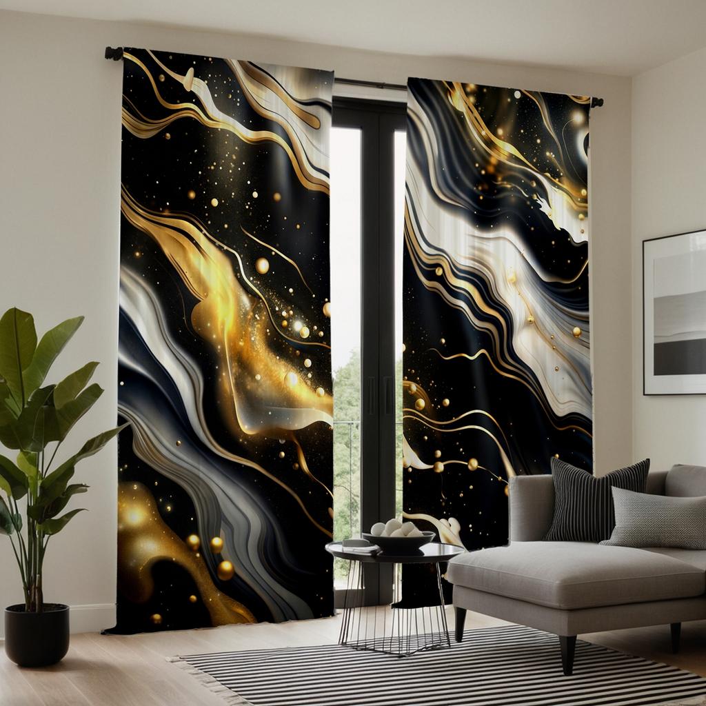2PCS HD digital curtain print black tie black gold quicksand stripes Home decoration style Decorate living room bedroom wear