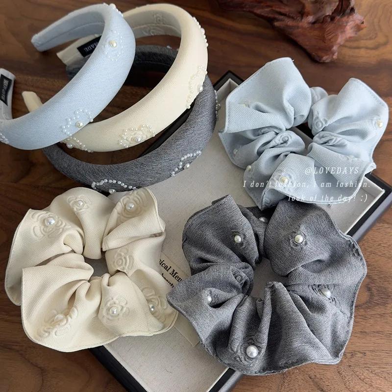 Retro Print Flowers Pearl Hair Tie Headbands Women Temperament Head Rope Hair Hoop Female Hair Accessories Fashion Headdress New