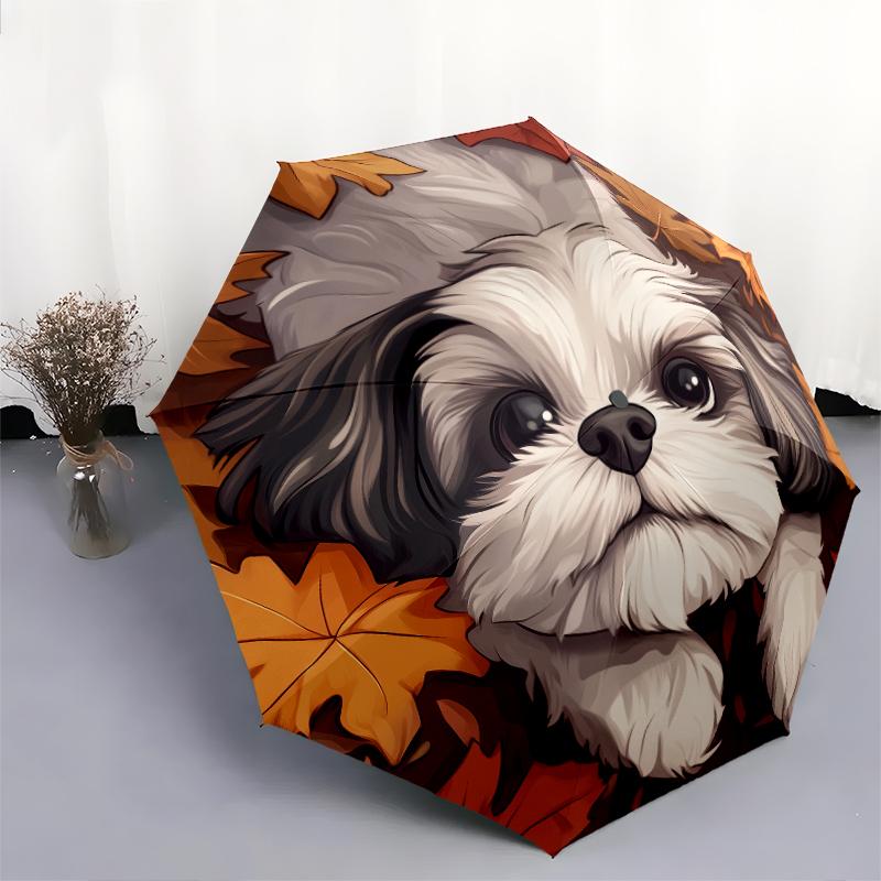 Shih Tzu and Fallen Leaves Pattern, Automatic Folding Umbrella, Portable and Foldable Design, 8 Ribs, a Christmas or Birthday Gift.