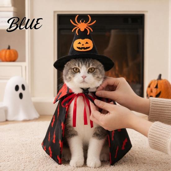 Dog Halloween Outfit 1 Set Pet Costume Spider Pumpkin Wizard Hat And Medium Costume Double-Sided Bat Print Cape Holiday Party for Cats Dogs