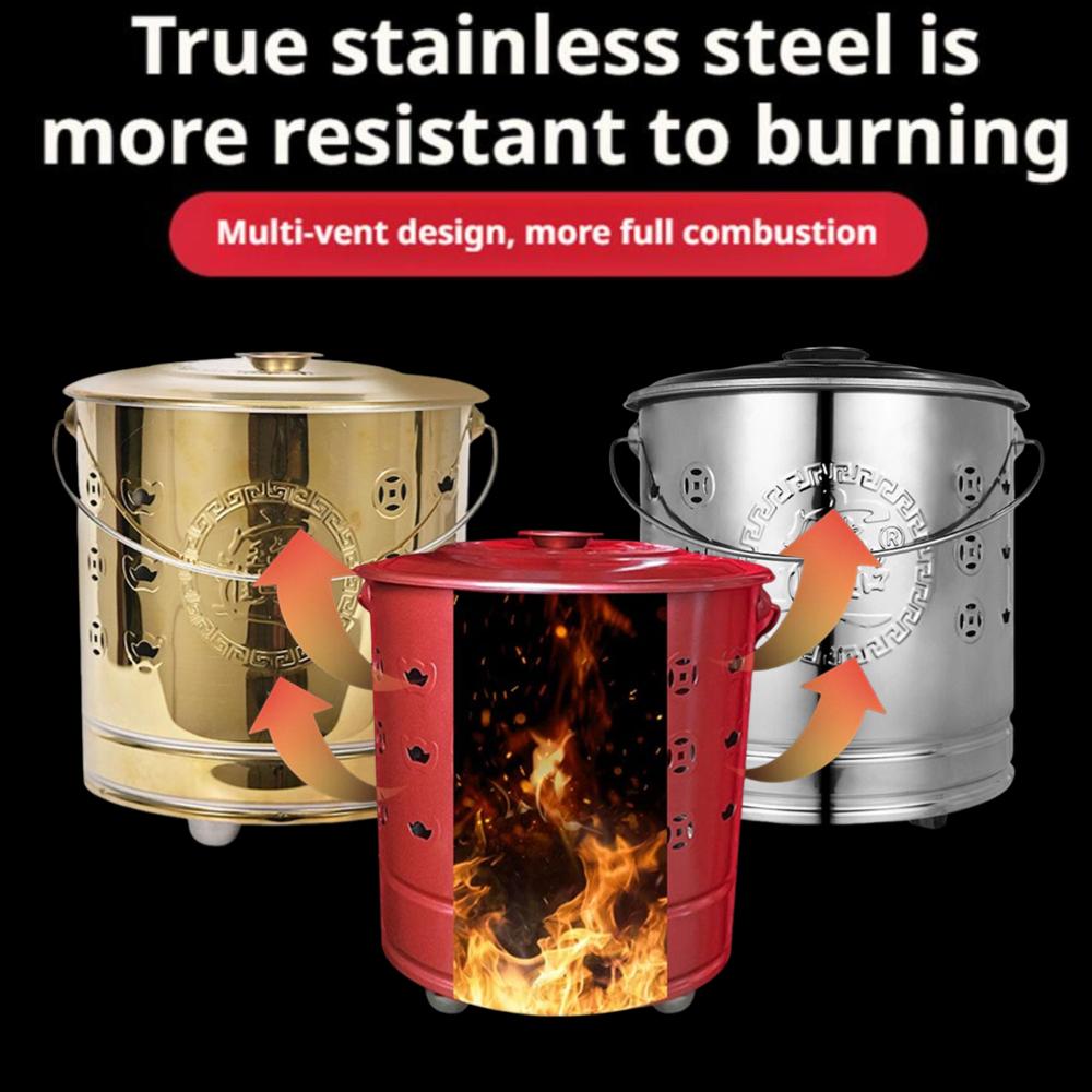 Hollow 304 Stainless Steel Fireplace Bucket - Traditional Paper Money Burn Barrel Treasure Bowl, Outdoor Incinerator