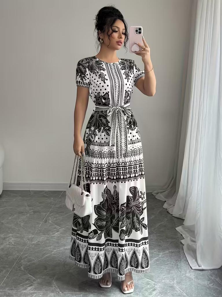 Blue and White Floral Print Short Sleeve Midi Dress with Tie Belt