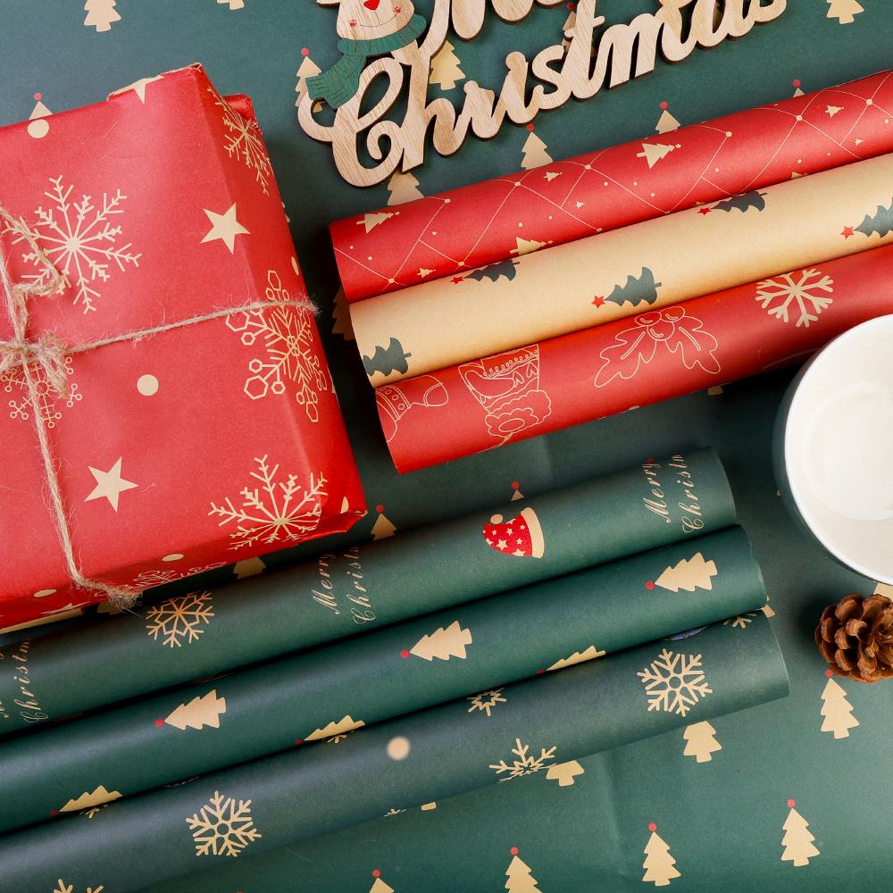 10/1PCS Christmas Wrapping Paper Vintage Kraft Festival Gift Wrap with Xmas Tree Snowflake Patterns for Present Packing Decor