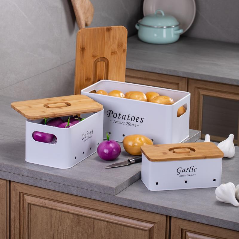 Potato Storage Jar, Onion, Garlic Head, Breathable Kitchen Square Bamboo Cover, Potato Dark Metal Storage Box