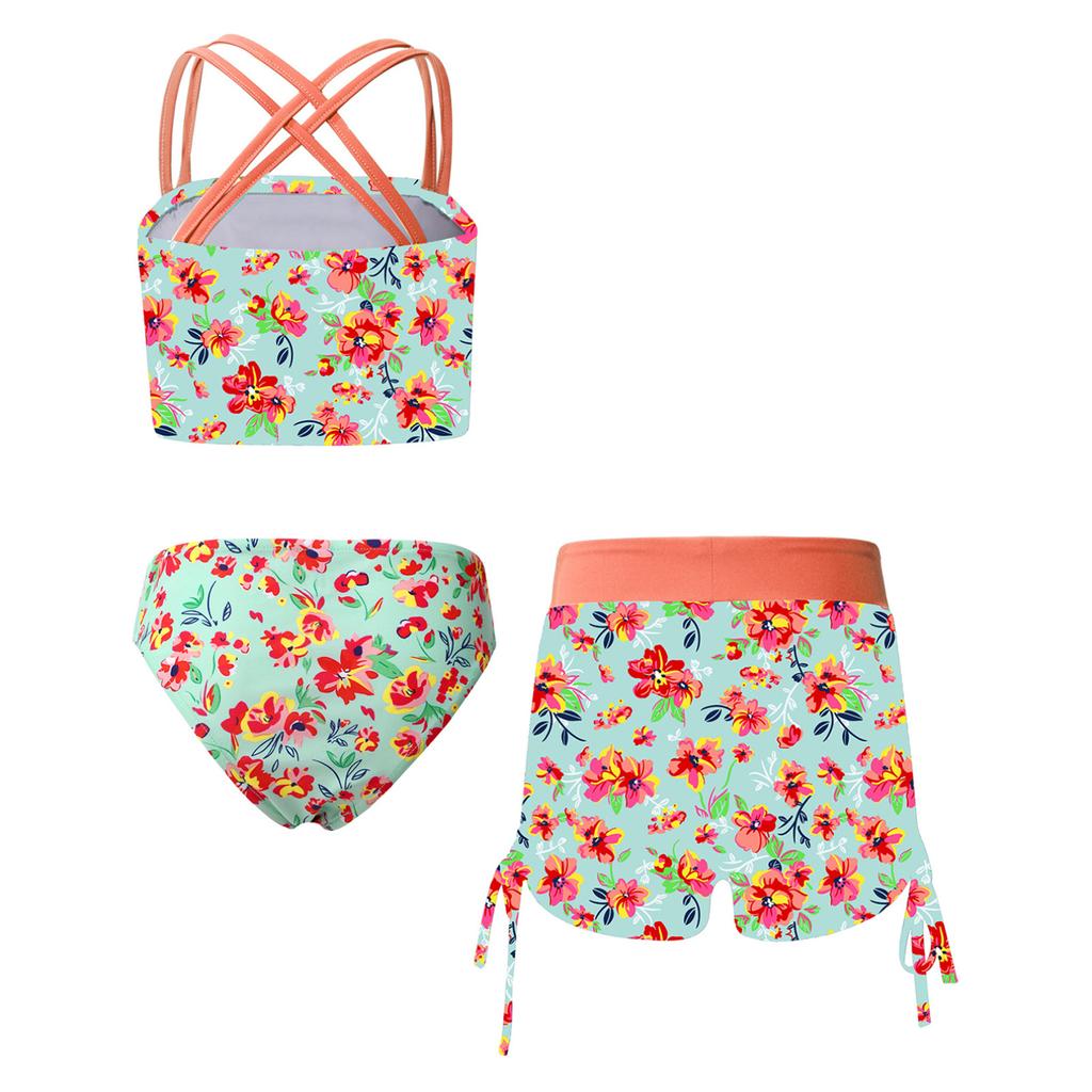 Μπικίνι με Σορτς Σετ για Κορίτσια Τοπ Τανκίνι Κοντό Παντελονάκι Μαγιό 3 Τεμαχίων Μαγιό Χαβάη Αθλητικό Σουτιέν με Χιαστί Λωρίδες Κάτω Μέρος Μπικίνι