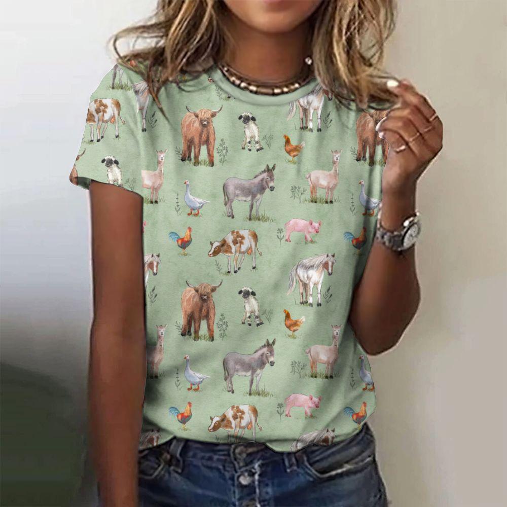 Women's cartoon animal printed T-shirt, fashionable top, short sleeved shirt, round neck T-shirt, women's Harajuk polyester clothing