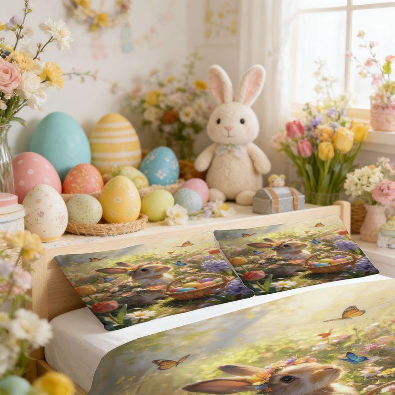 Bedding Pillowcase Quilt Cover 3-Piece Set Rabbit Wearing Wreath, Easter Egg Pattern Decoration