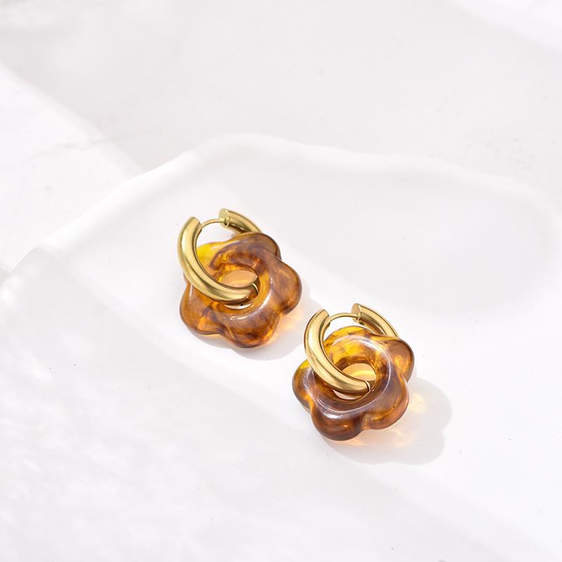 

New Flower Resin Acrylic Drop Earrings Gold Color Round Circle Stainless Steel Ear Buckle Hoop Earrings For Women Jewelry Gift