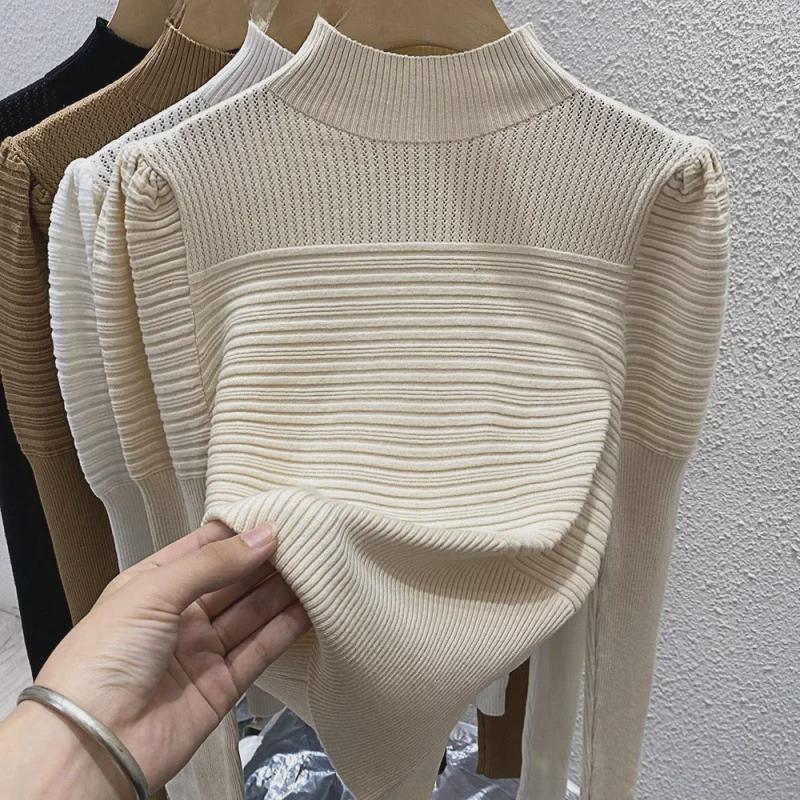Женский высококачественный трикотажный свитер с воротником-стойкой и рукавами-фонариками эластичный облегающий модный дизайн для осенизимы One Size хаки 1328₽
