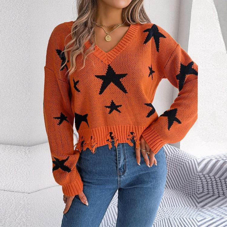 Knit Pullover Sweater Women Long Sleeve V Neck Casual Autumn Winter Star Cut