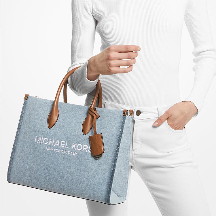 Michael Kors MK Mirella Logo Hardware Zipper Pocket Cotton Denim Tote Bag Women Tote Light-Blue 35F3G7ZT2C-DENIM