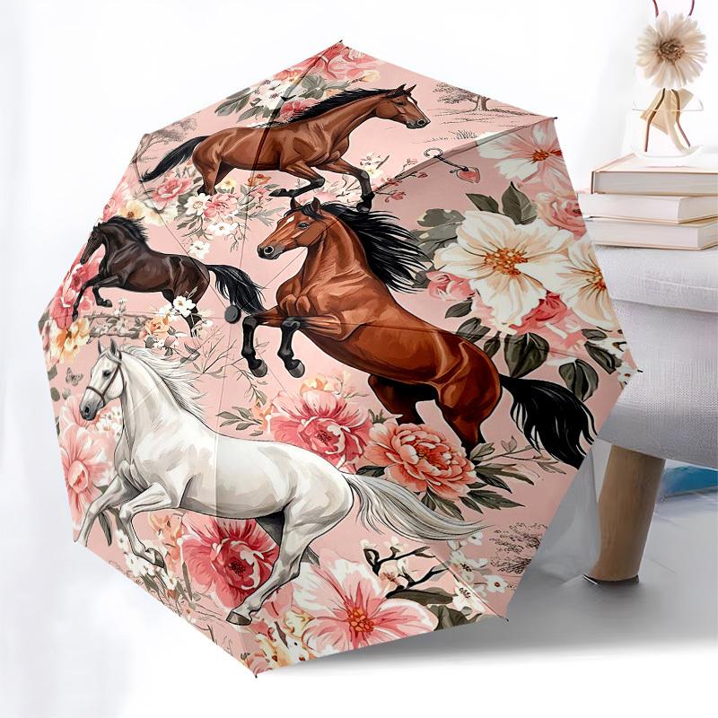 1 Stück Pferde Blumen Schirm - 8 Speichen verstärkt, Automatisches Öffnen, Leicht & Langlebig, Modeaccessoire für Draußen, Strand L0386