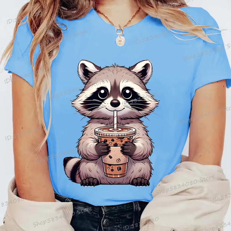 Summer Round Neck 3D Raccoon Pattern Print Top Fashionable Casual Short Sleeved Women's T-shirts