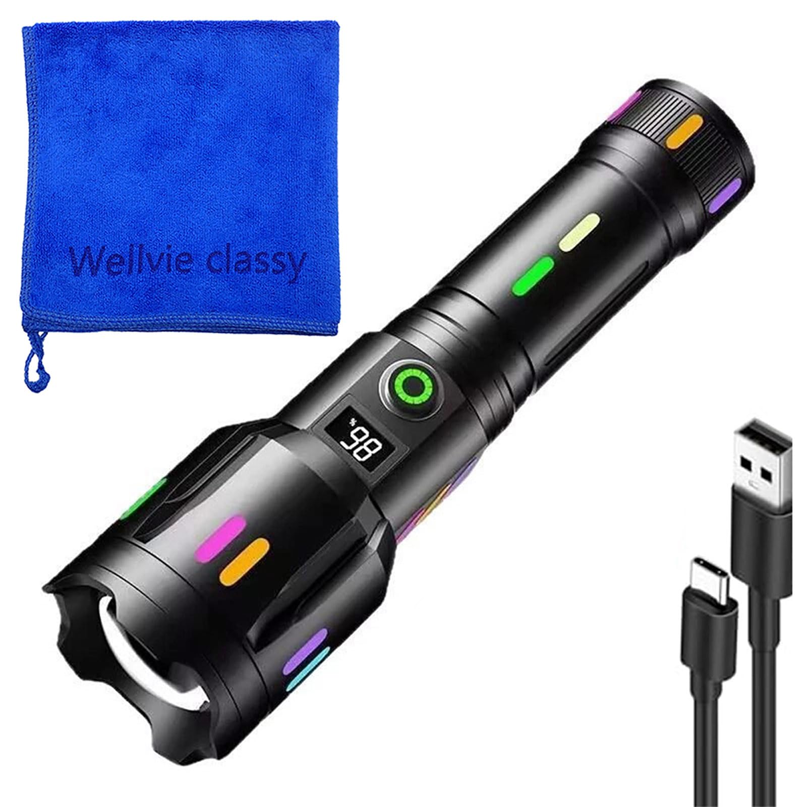 

Wellvie Стильный светодиодный фонарик с 6 режимами диммирования, ЖК-дисплеем с цифровым индикатором уровня заряда батареи, USB. Идеально подходит для ручных рабочих режимов, дисплея, сверхяркий. чёрный