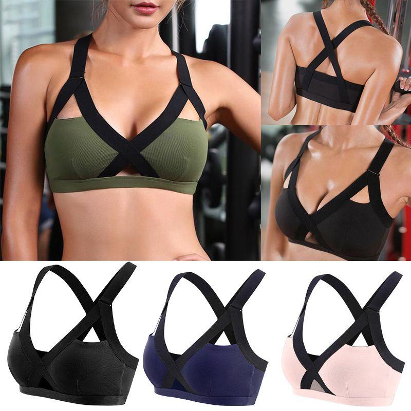 Comfortable Women Sports Bra With Front Cross Design And Solid Color For Yoga