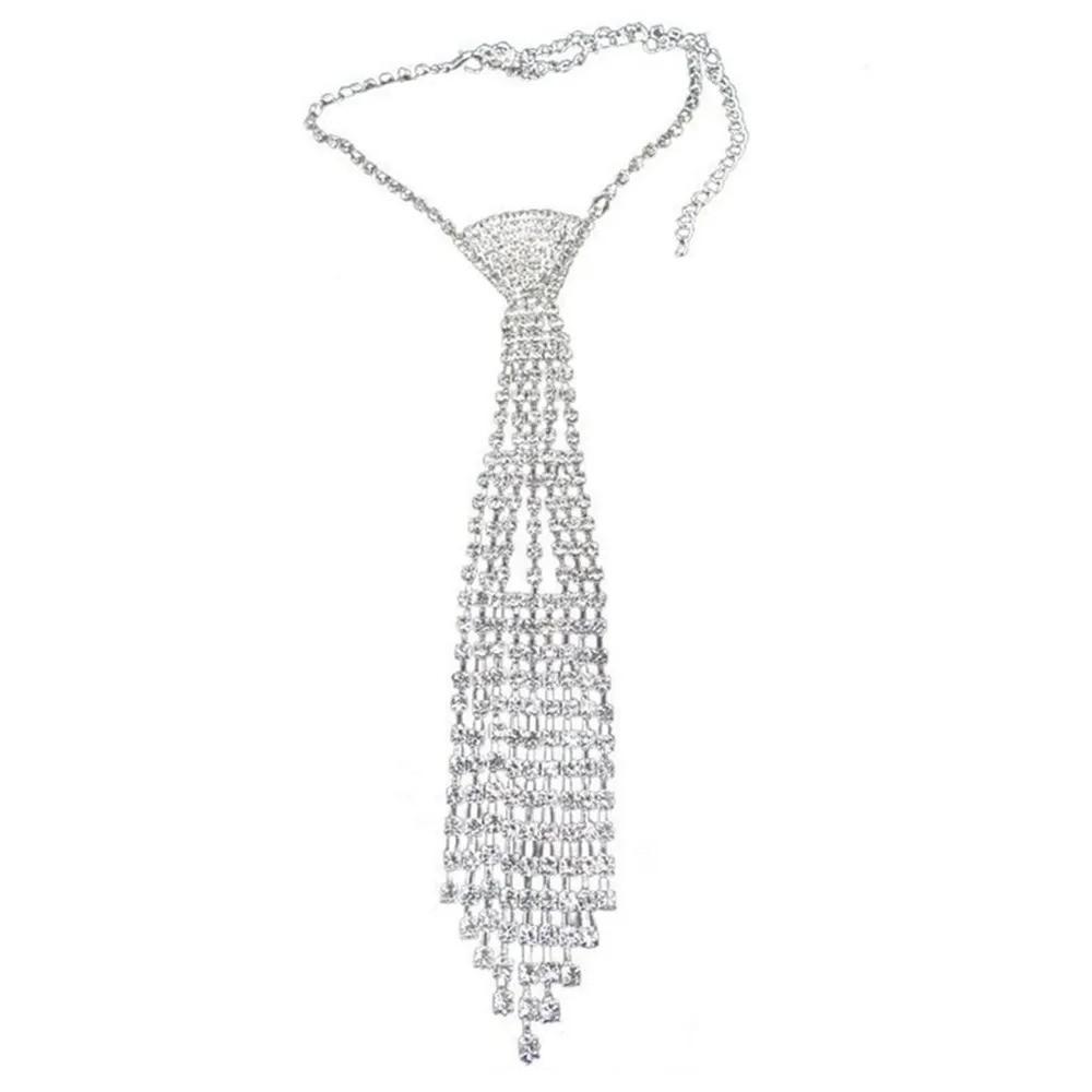 Long Tassel Bow Tie Necklace Sparkling Rhinestone Necklace