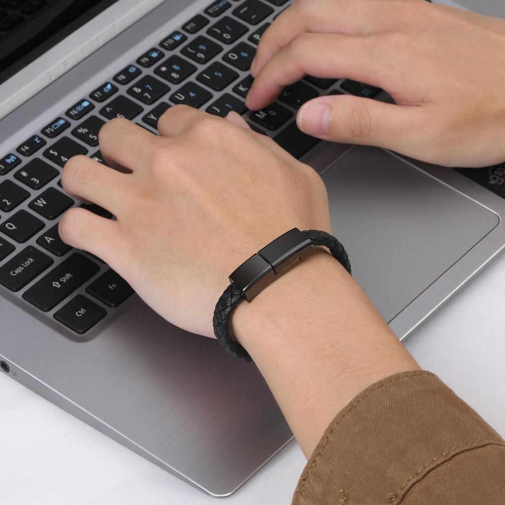Leather Rope Bracelet for Men Boys,Black Charging Cable Wristband,Simple Convenient Jewelry Gifts