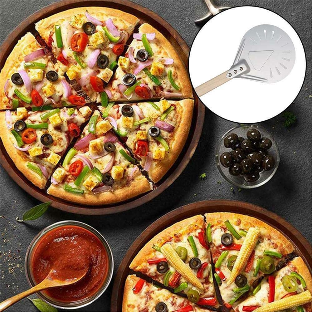 7/8/9 Inch Aluminum Perforated Pizza Peel Metal Round Pizza Paddle Non Slip Wooden Handle Pizza Spatula Shovel Baking Tools