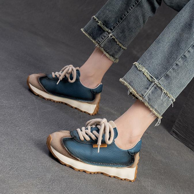 Johnature Genuine Leather Sneakers Versatile Casual Sports Shoes Round Toe Lacd-up Women's Flat Shoes